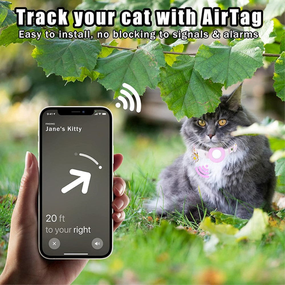 Kattehalsbånd med AirTag Silikondeksel og Film - Lilla med Tusenfryd