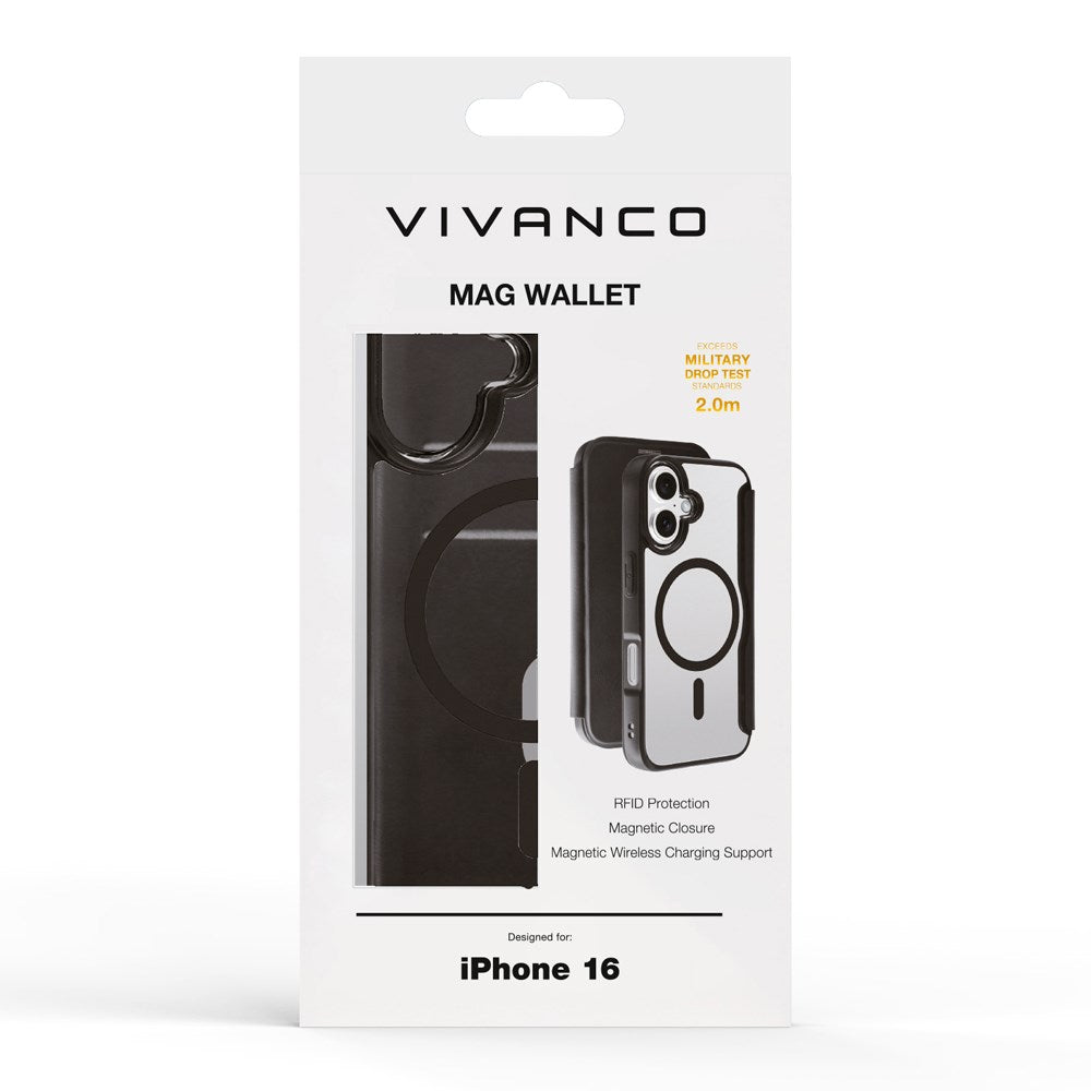 iPhone 16 Vivanco Classic Wallet Kunstskinn Flipdeksel med Lommebok - MagSafe Kompatibel - Svart