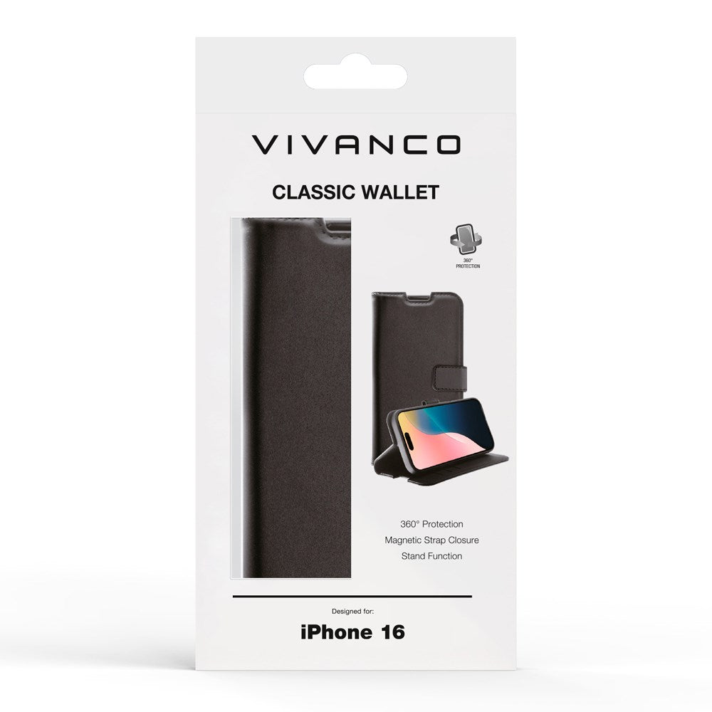 iPhone 16 Vivanco Classic Wallet Kunstskinn Flipdeksel med Lommebok - Svart