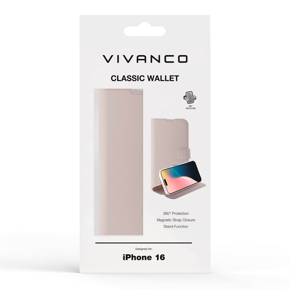 iPhone 16 Vivanco Classic Wallet Kunstskinn Flipdeksel med Lommebok - Greige