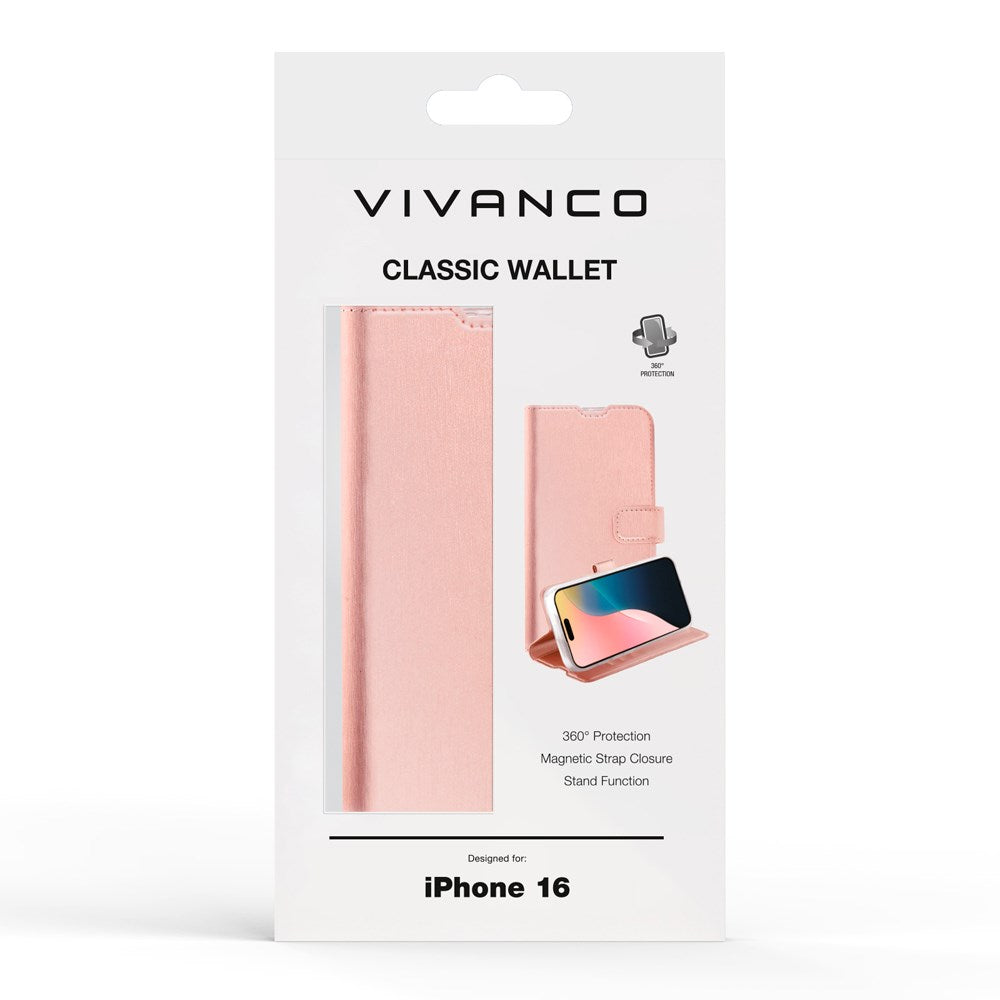 iPhone 16 Vivanco Classic Wallet Kunstskinn Flipdeksel med Lommebok - Rose Gold