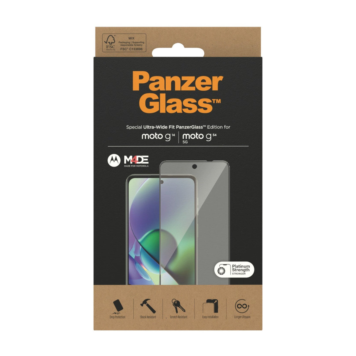 Motorola Moto G14 / G54 PanzerGlass Ultra Wide Fit Skjermbeskyttelsesglass - Platinum Strength - Svart Kant