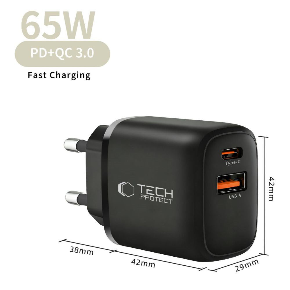 Tech-Protect 65W Vegglader m. 1x USB-C & 1x USB-A - Svart