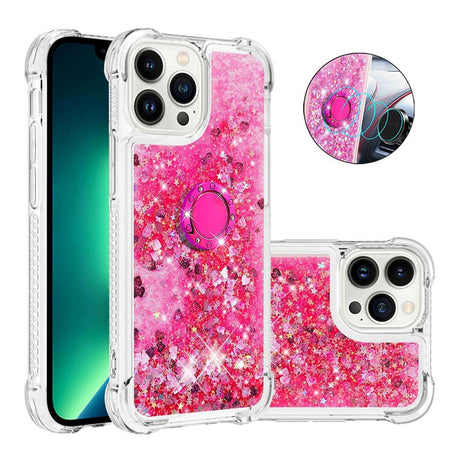 iPhone 14 Pro Dynamisk Glitter Bakdeksel m. Hjerter - Gjennomsiktig / Rosa