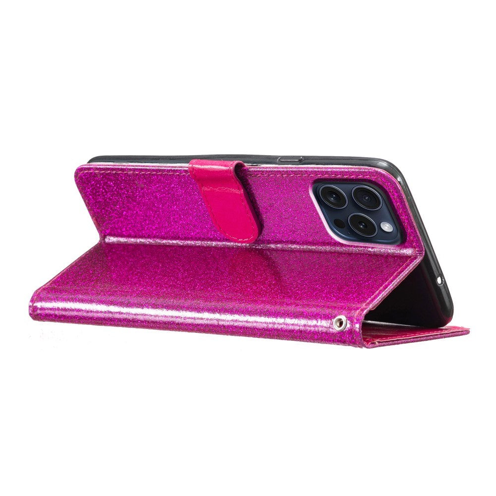 EIDERWOOD iPhone 16 Pro Skinn Flip Deksel med Lommebok og Stropp - Glitter - Pink