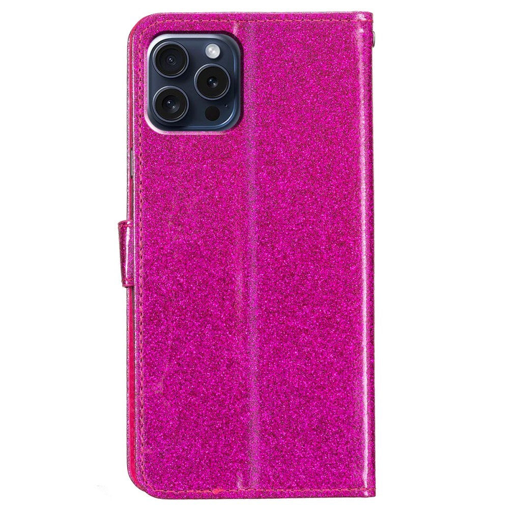 EIDERWOOD iPhone 16 Pro Skinn Flip Deksel med Lommebok og Stropp - Glitter - Pink