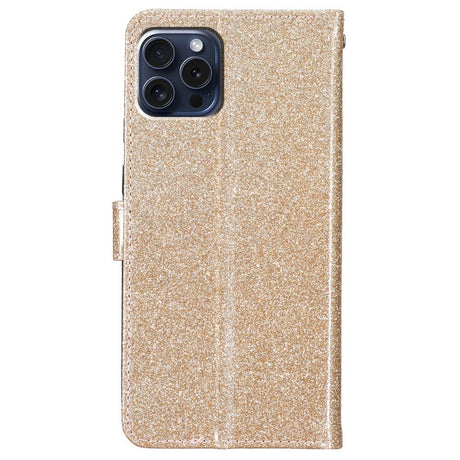 EIDERWOOD iPhone 16 Pro Skinn Flip Deksel med Lommebok og Stropp - Glitter - Gull