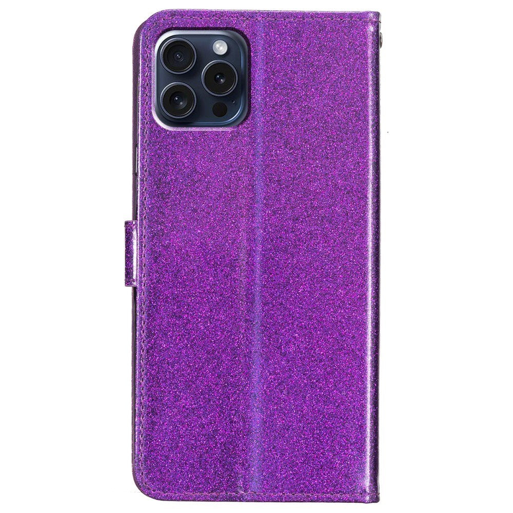 EIDERWOOD iPhone 16 Pro Skinn Flip Deksel med Lommebok og Stropp - Glitter - Lilla