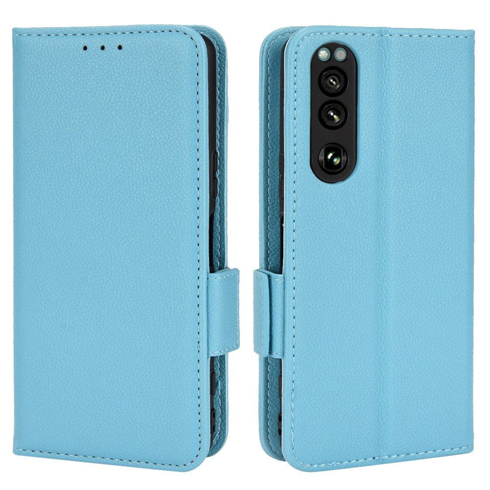 Sony Xperia 5 IV PU Litchi Skin Flip Deksel med Lommebok - Blå