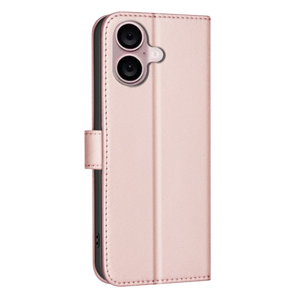 iPhone 16 Rutete Kunstskinn Flip Deksel med Lommebok og Stropp - Rose Gold