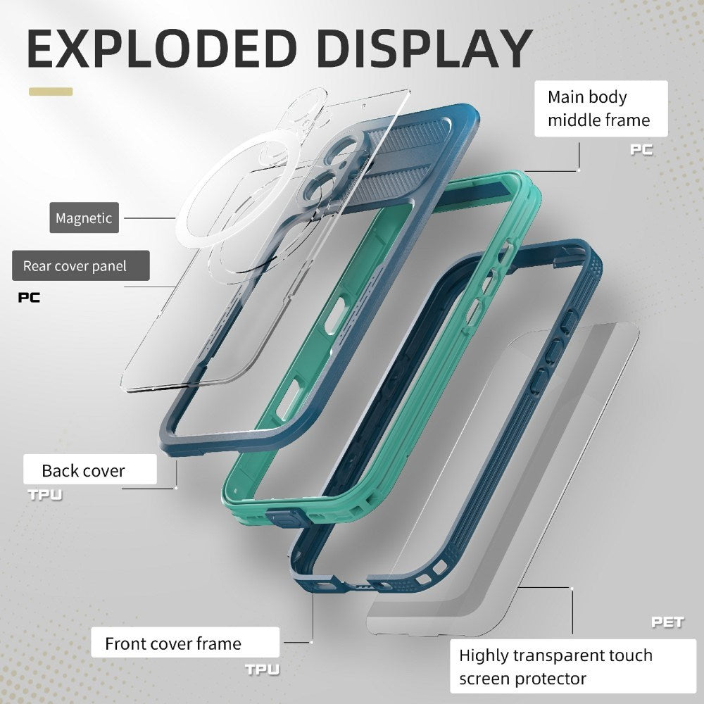 iPhone 16 Vanntett Håndverker Deksel m. Skjermbeskytter og Stropp - MagSafe Kompatibel - Gjennomsiktig / Blå