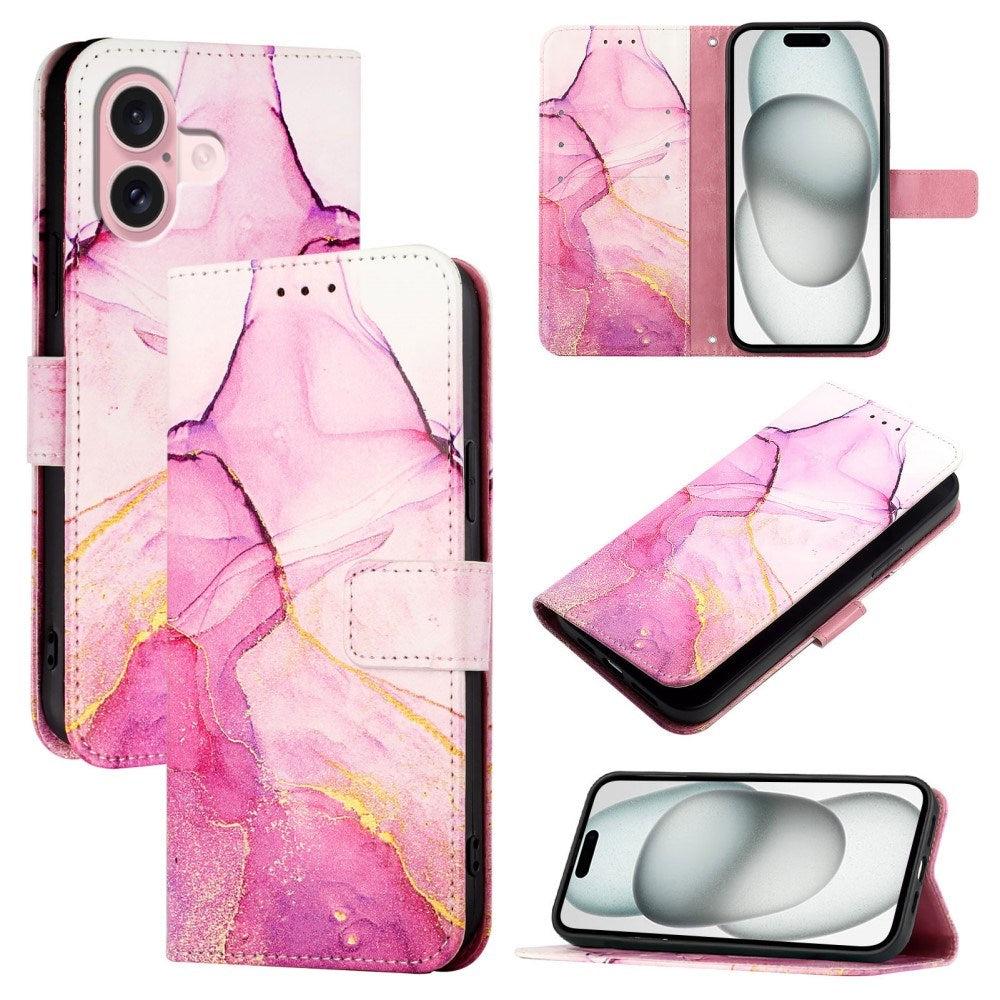 EIDERWOOD iPhone 16 Plus Deksel i Kunstskinn med Lommebok og Stropp - Rosa Marmor
