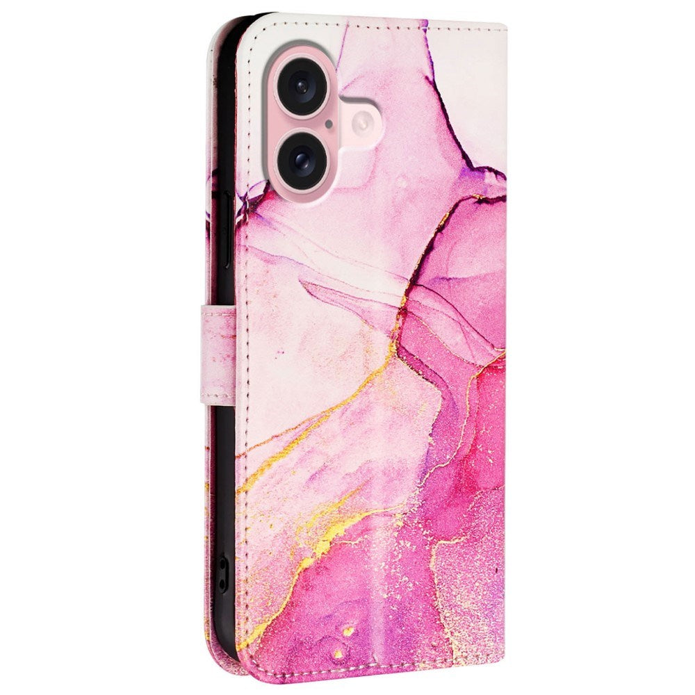 EIDERWOOD iPhone 16 Plus Deksel i Kunstskinn med Lommebok og Stropp - Rosa Marmor