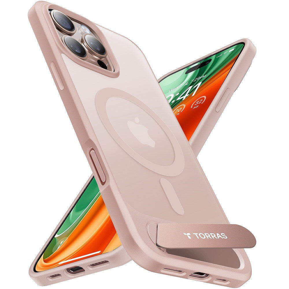 Torras iPhone 16 Pro Hybrid Deksel med Ståfunksjon - MagSafe Kompatibel - Rose Gold