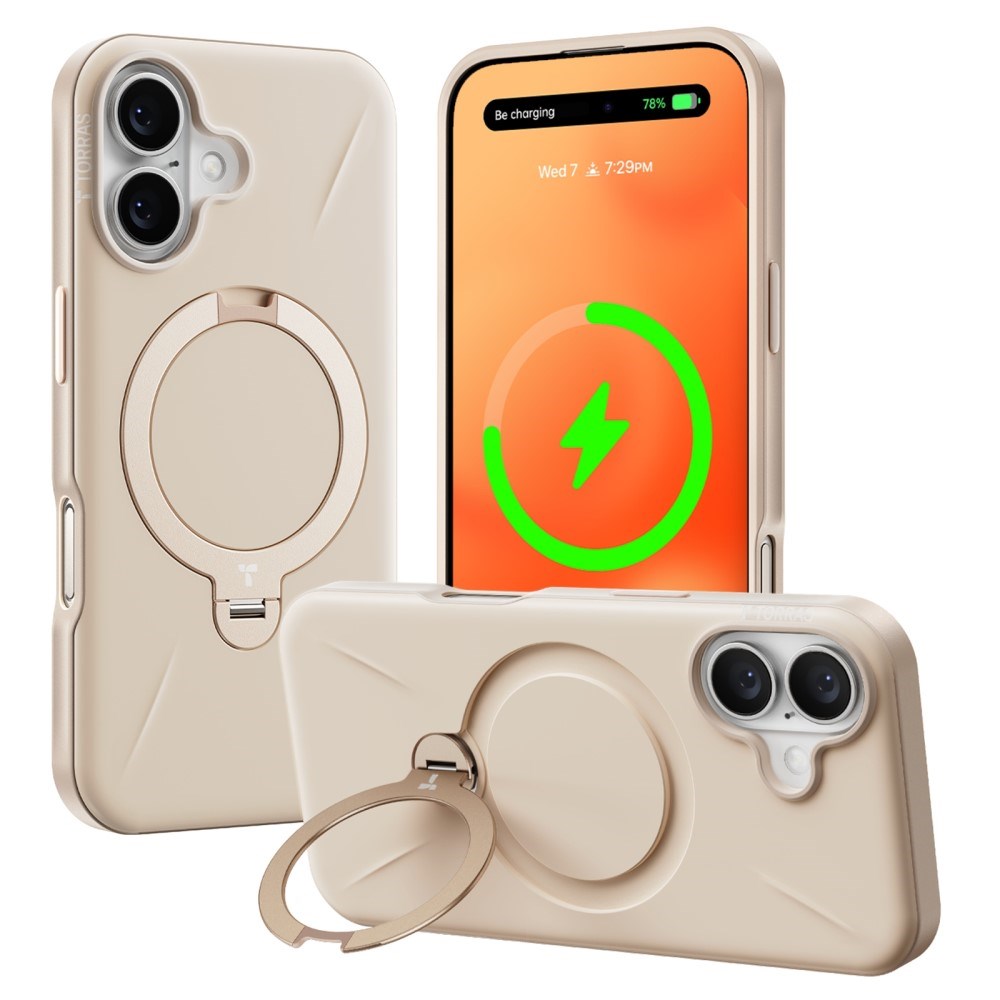 TORRAS iPhone 16 Fleksibelt Plast Deksel m. Ring Kickstand - Beige