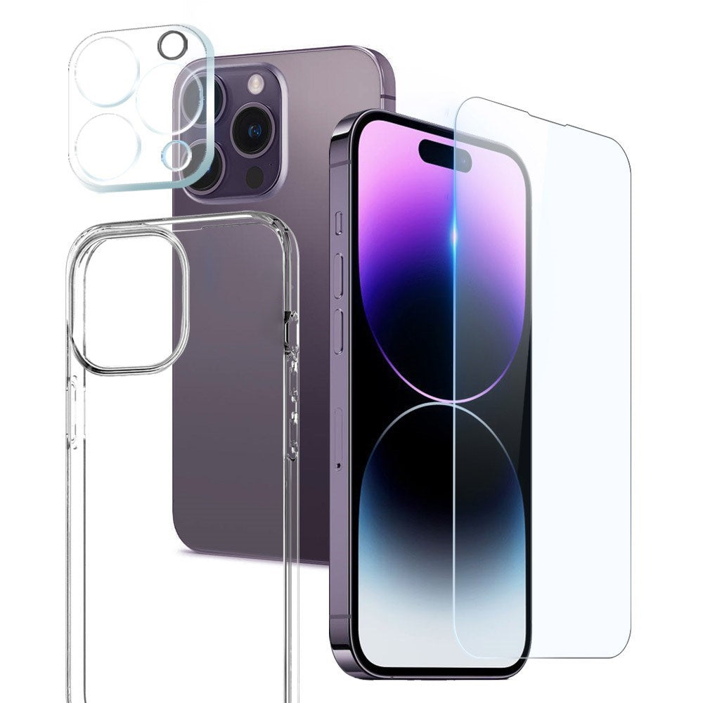 NORTHJO iPhone 14 Pro | 3-i-1 360° Beskyttelsessett med Deksel | Skjermbeskytter | Kameralinsebeskytter - Gjennomsiktig