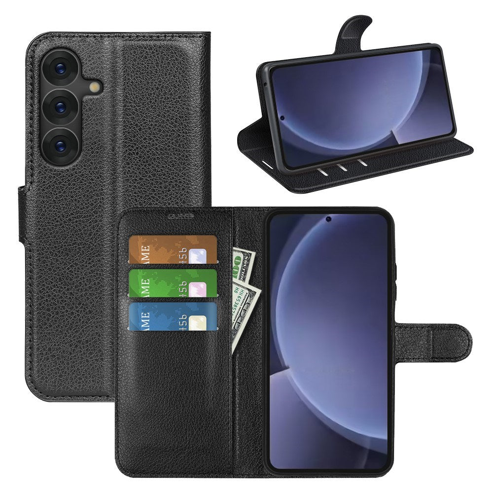 EIDERWOOD Samsung Galaxy S25+ (Plus) Støtsikker Lær Wallet Cover med Litchi Tekstur - Svart