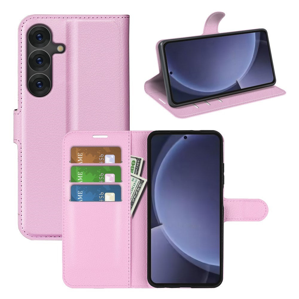 EIDERWOOD Samsung Galaxy S25+ (Plus) Støtsikker Lær Wallet Cover med Litchi Tekstur - Rosa