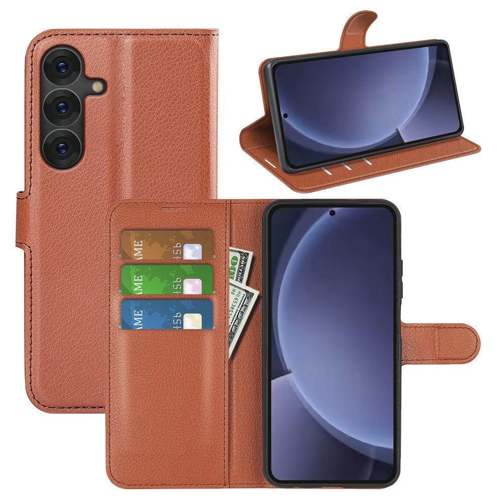 EIDERWOOD Samsung Galaxy S25+ (Plus) Støtsikker Lær Wallet Cover med Litchi Tekstur - Brun