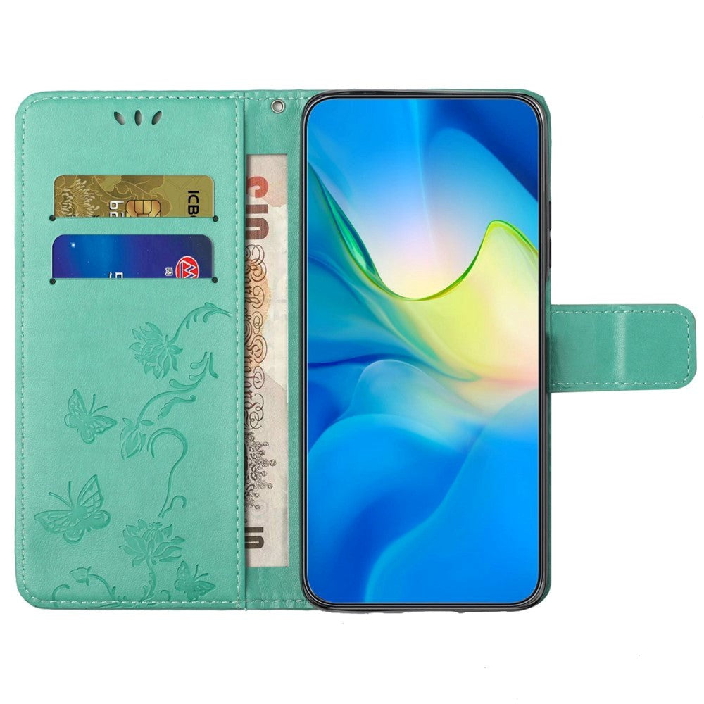 Motorola Moto E22 / E22i Flipdeksel m. Lommebok - Blomster og Sommerfugler - Cyan