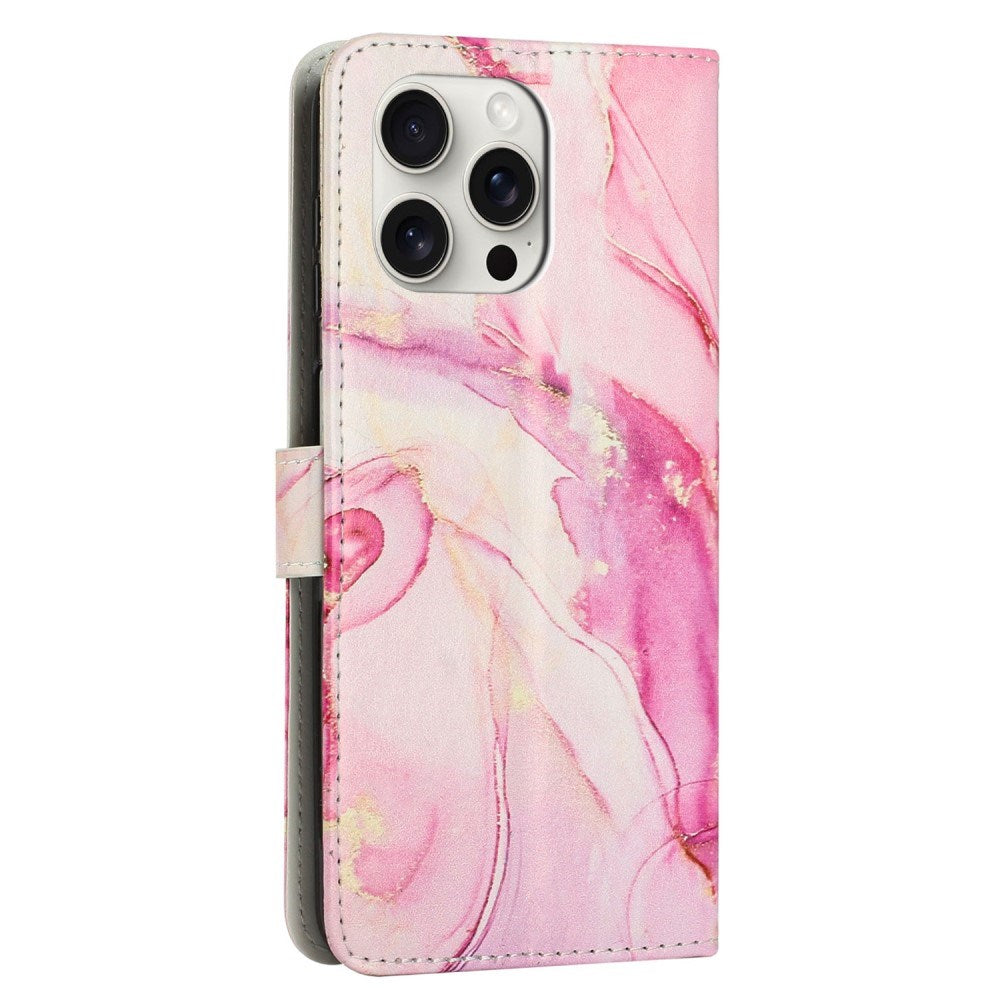 EIDERWOOD iPhone 16 Pro Max Kunstskinn Flip Deksel med Lommebok og Stropp - Marmordesign - Rosa