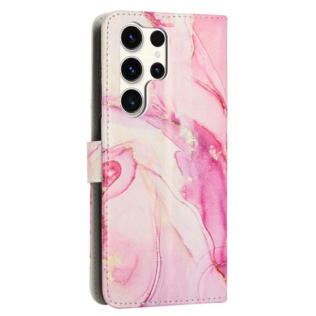 EIDERWOOD Samsung Galaxy S25 Ultra Marmor Mønstret Kunstskinn Flip Deksel m. Stropp - Rosa