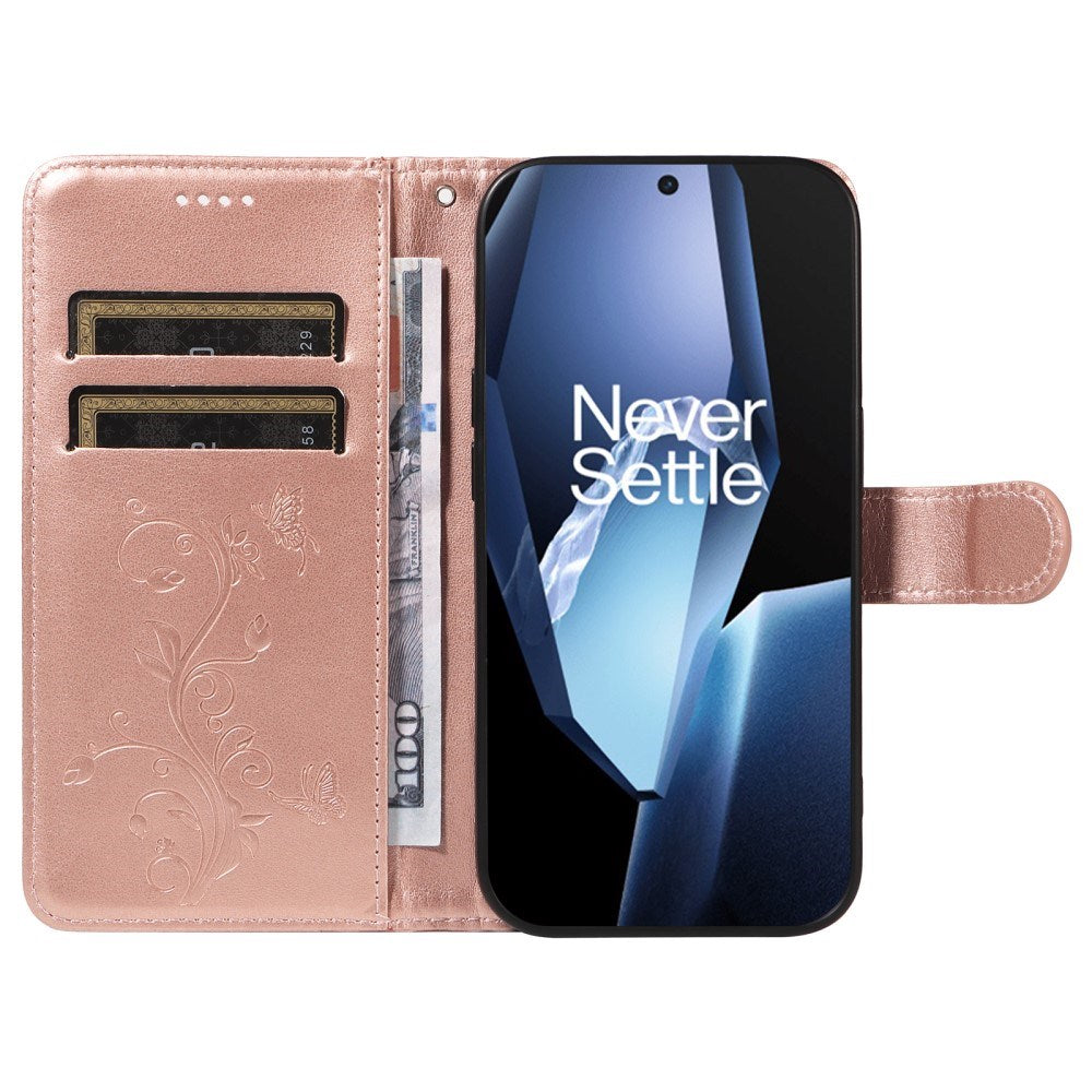 EIDERWOOD OnePlus 13R Flipdeksel med Gravert Motiv - Kortholder og Stativfunksjon - Rose Gold