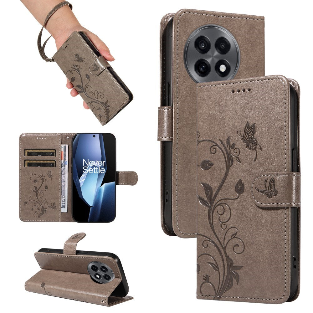 EIDERWOOD OnePlus 13R Flipdeksel med Gravert Motiv - Kortholder og Stativfunksjon - Grå