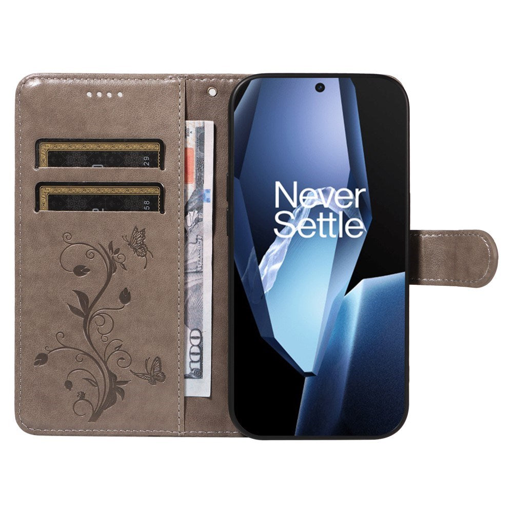 EIDERWOOD OnePlus 13R Flipdeksel med Gravert Motiv - Kortholder og Stativfunksjon - Grå