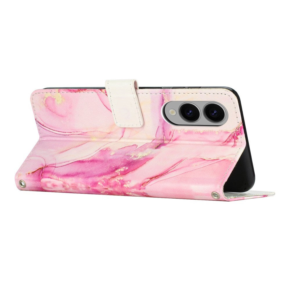 EIDERWOOD Samsung Galaxy S25 Edge Marmor Mønstret Kunstskinn Flip Deksel m. Stropp - Rosa