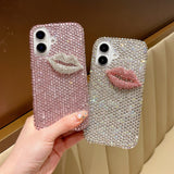 EIDERWOOD iPhone 16 Hybrid Deksel med Rhinestone og 3D Kyssmunn - Hvit