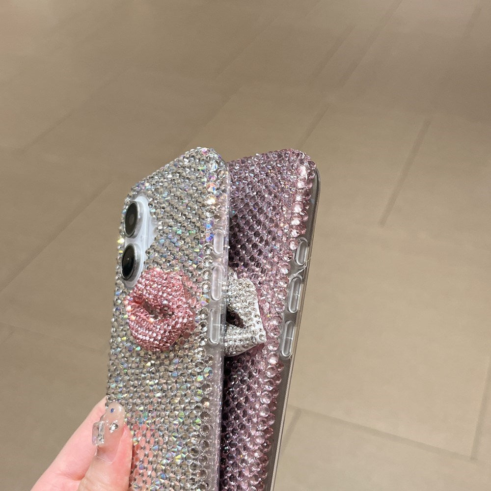 EIDERWOOD iPhone 16 Hybrid Deksel med Rhinestone og 3D Kyssmunn - Hvit