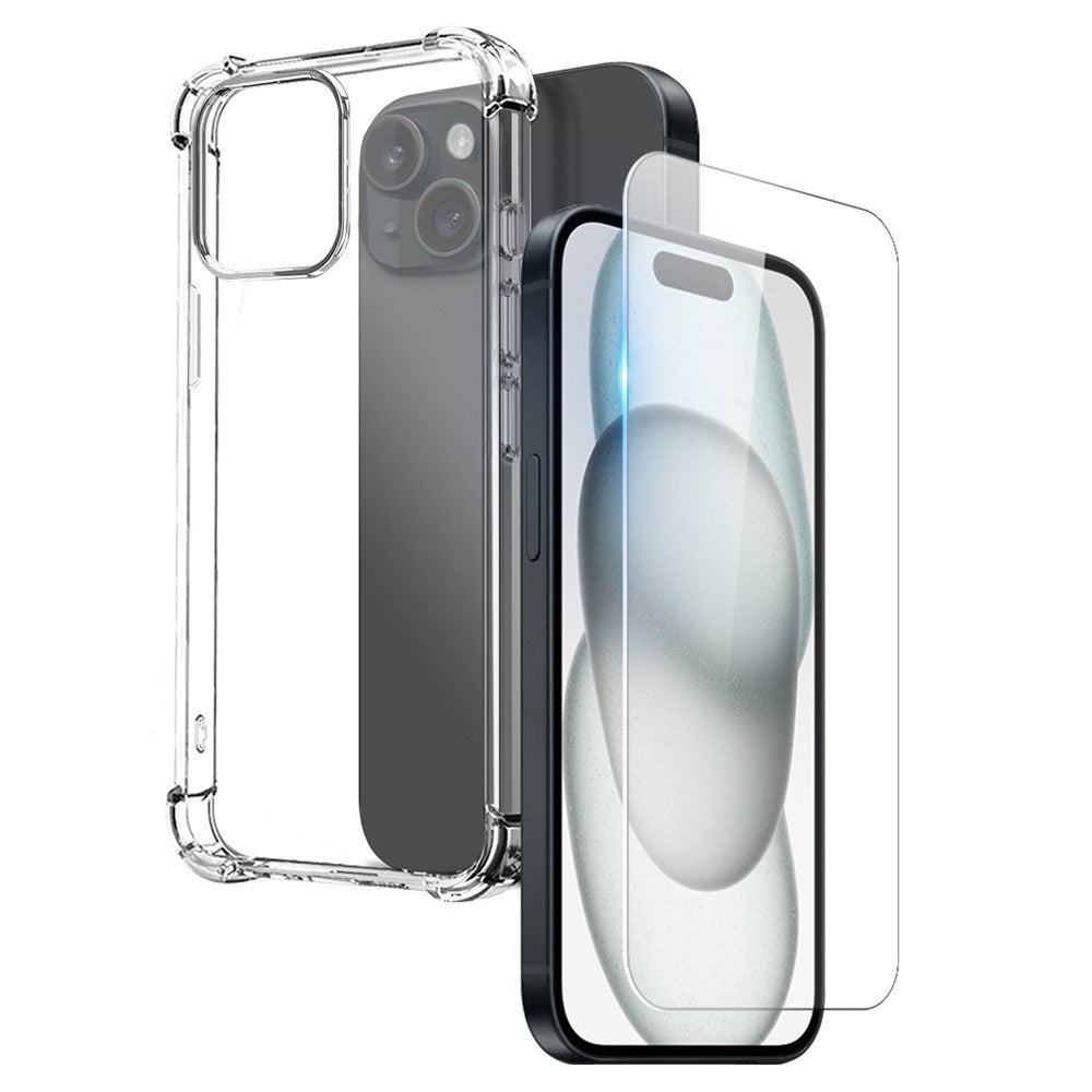 NORTHJO iPhone 15 2-i-1 Beskyttelsessett med Støtabsorberende Fleksibelt Plast Deksel & Herdet Skjermbeskyttelsesglass - Gjennomsiktig