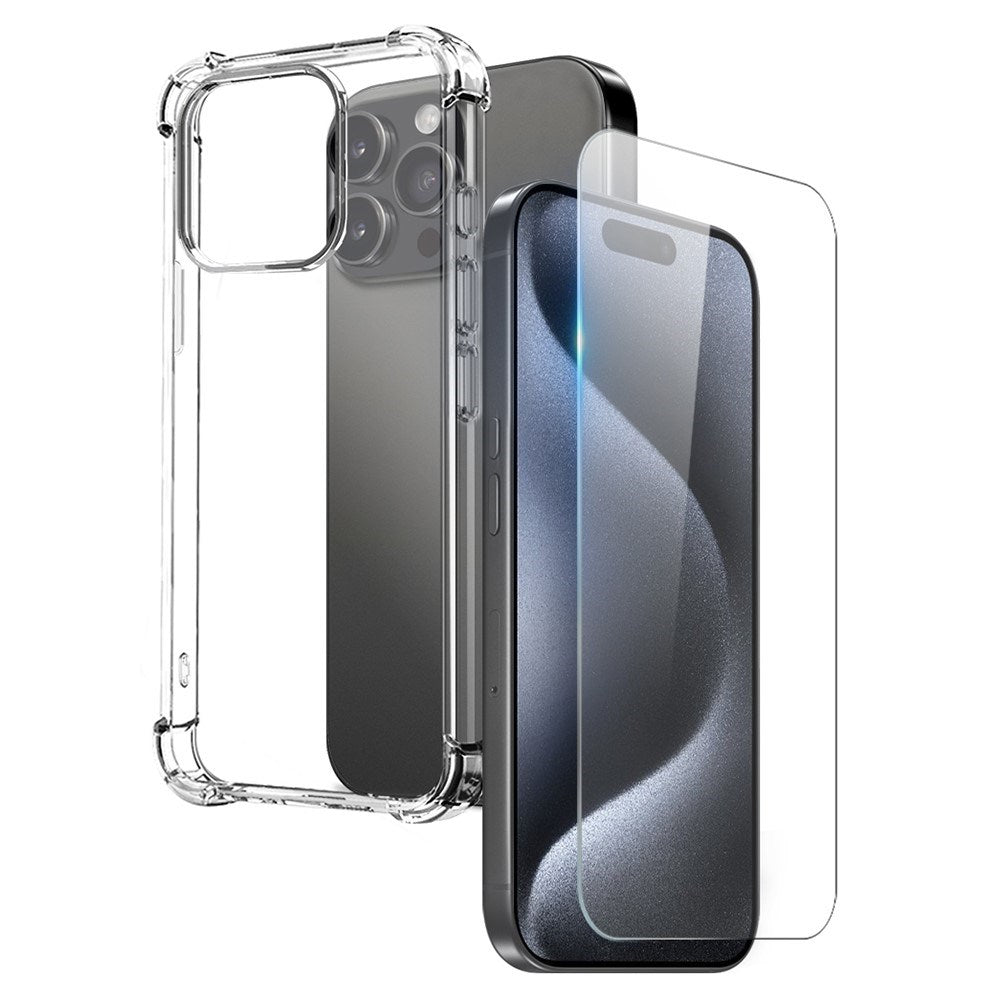 NORTHJO iPhone 15 Pro Max 2-i-1 Beskyttelsessett med Støtabsorberende Fleksibelt Plast Deksel & Herdet Skjermbeskyttelsesglass - Gjennomsiktig