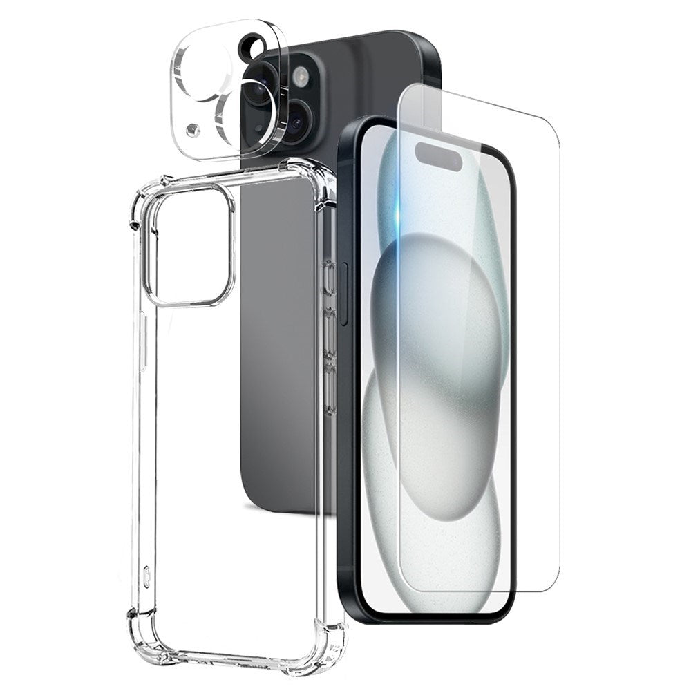 NORTHJO iPhone 15 3-i-1 Beskyttelsessett med Støtdempende Fleksibelt Plast Deksel & Skjermbeskytter i Herdet Glass & Kameralinseglass - Gjennomsiktig