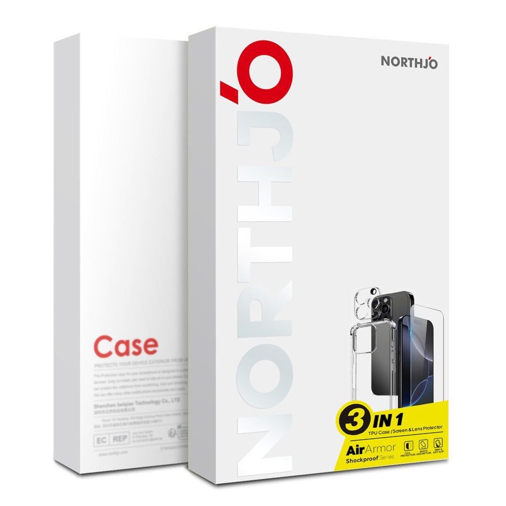 NORTHJO iPhone 15 Pro Max 3-i-1 Beskyttelsessett med Støtdempende Fleksibelt Plast Deksel & Skjermbeskytter i Herdet Glass & Kameralinseglass - Gjennomsiktig