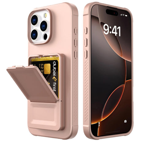 EIDERWOOD iPhone 16 Pro Max Fleksibelt Plast Deksel med Kortholder & Innebygd Speil – Rose Gold