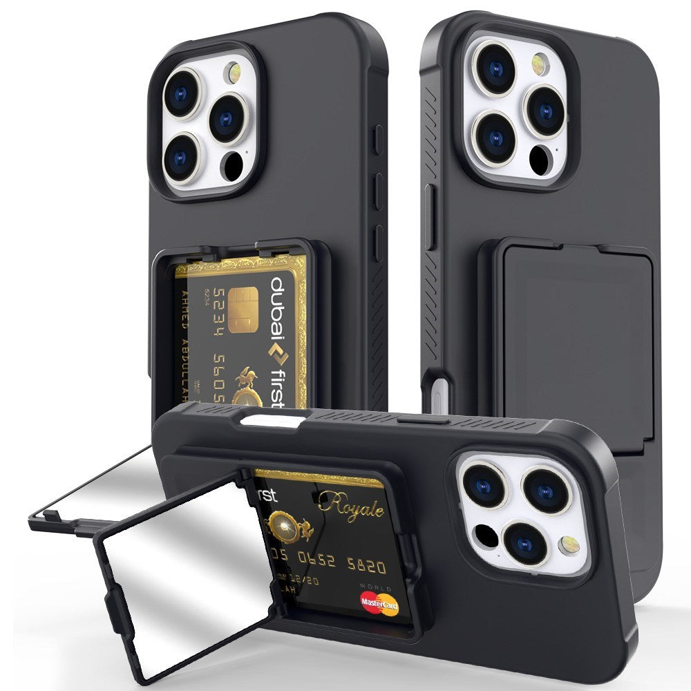 EIDERWOOD iPhone 16 Pro Max Fleksibelt Plast Deksel med Kortholder & Innebygd Speil – Svart