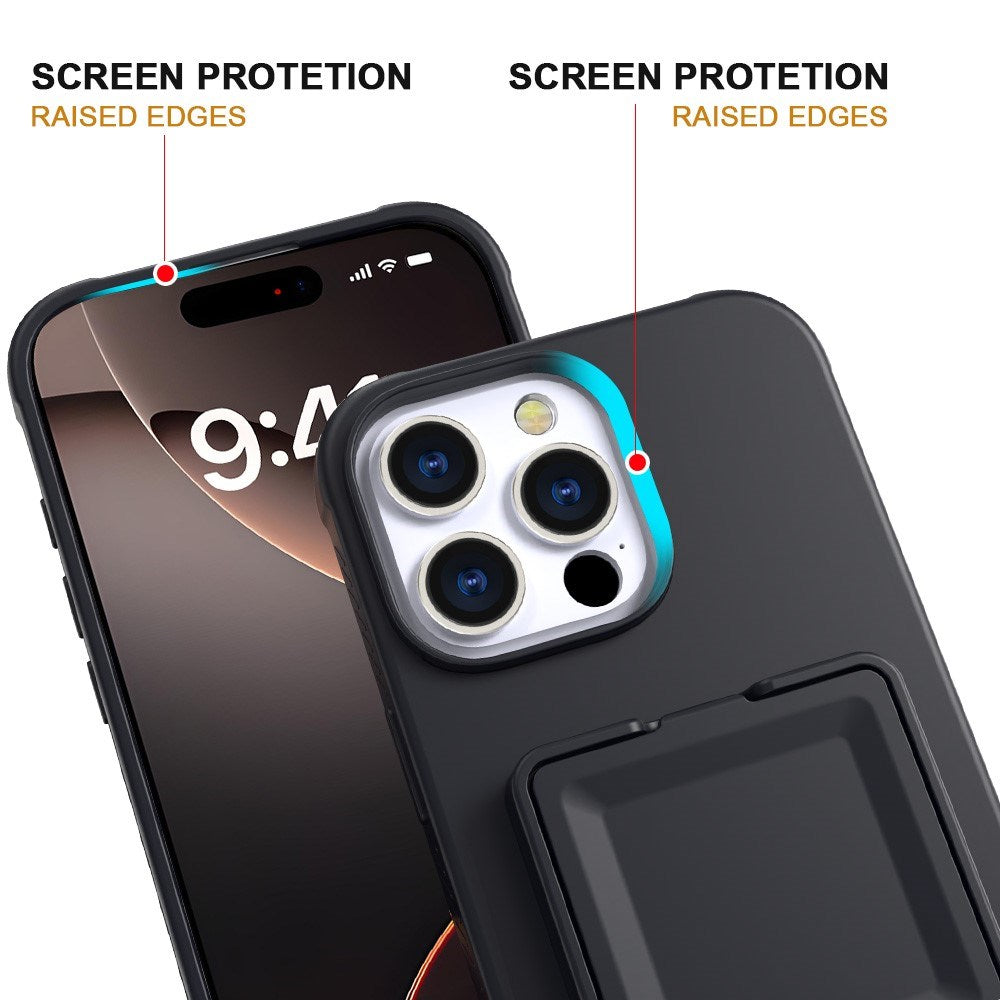 EIDERWOOD iPhone 16 Pro Max Fleksibelt Plast Deksel med Kortholder & Innebygd Speil – Svart