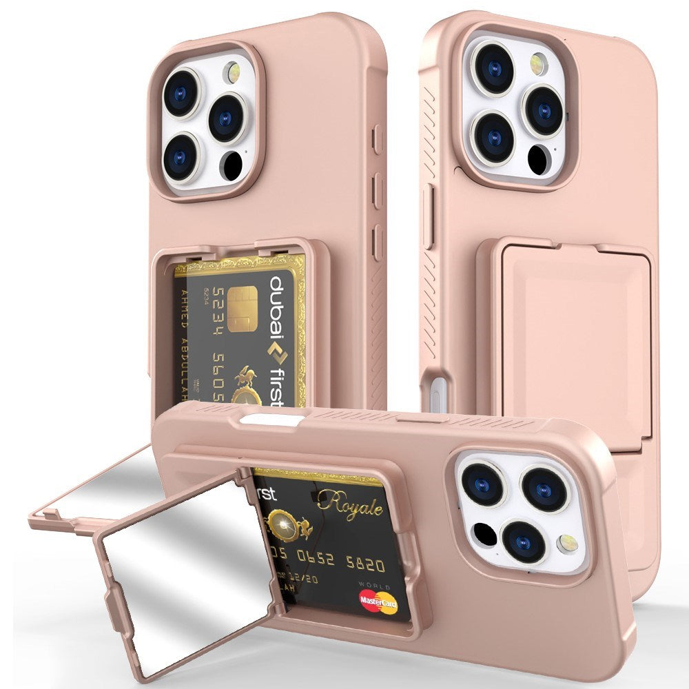EIDERWOOD iPhone 16 Pro Fleksibelt Plast Deksel med Kortholder & Innebygd Speil – Rose Gold