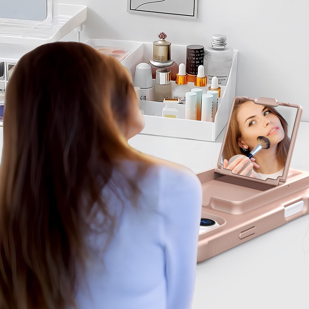 EIDERWOOD iPhone 16 Pro Fleksibelt Plast Deksel med Kortholder & Innebygd Speil – Rose Gold