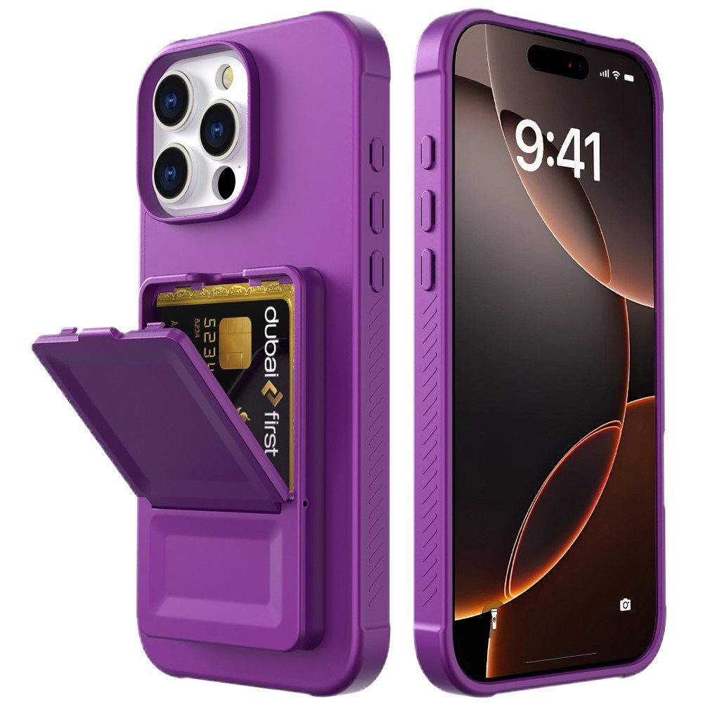 EIDERWOOD iPhone 16 Pro Fleksibelt Plast Deksel med Kortholder & Innebygd Speil – Mørk Lilla