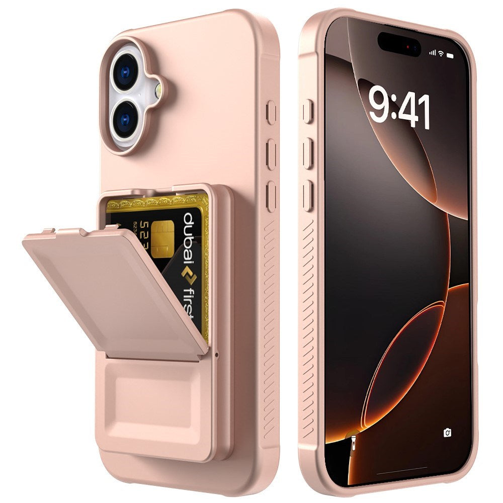EIDERWOOD iPhone 16 Plus Fleksibelt Plast Deksel med Kortholder & Innebygd Speil – Rose Gold