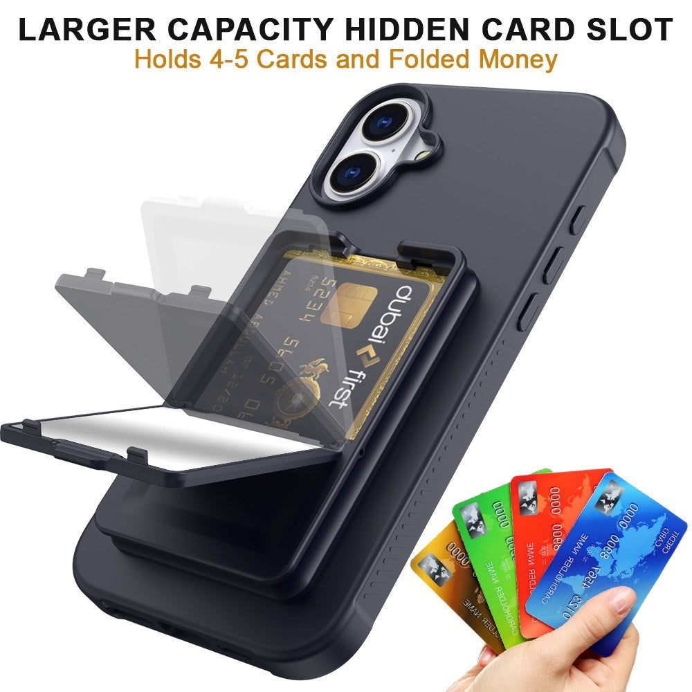 EIDERWOOD iPhone 16 Plus Fleksibelt Plast Deksel med Kortholder & Innebygd Speil – Svart