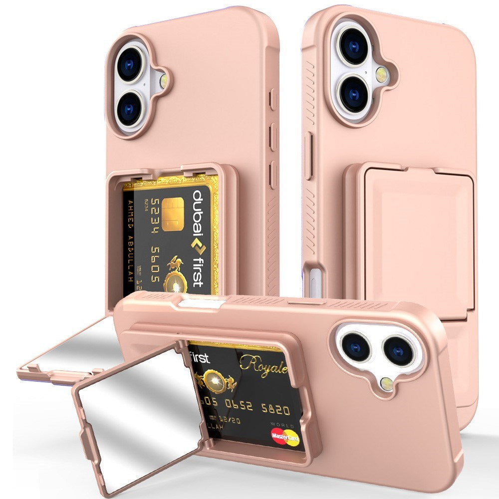 EIDERWOOD iPhone 16 Fleksibelt Plast Deksel med Kortholder & Innebygd Speil – Rose Gold