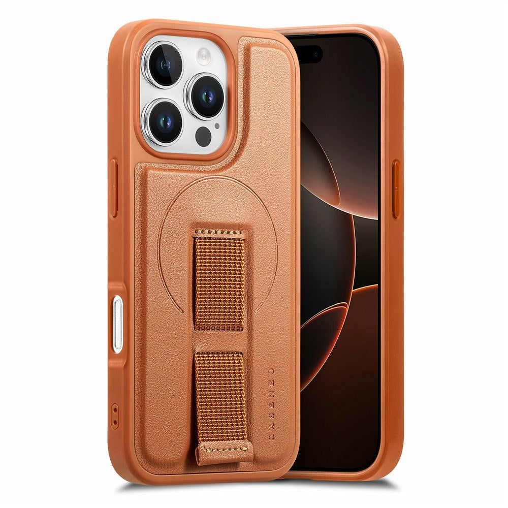 iPhone 16 Pro Hard Plast Deksel m. Kunstskinn Bakside & Fingerrem - MagSafe Kompatibel - Brun