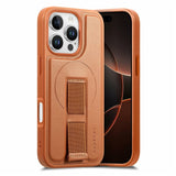 iPhone 16 Pro Hard Plast Deksel m. Kunstskinn Bakside & Fingerrem - MagSafe Kompatibel - Brun