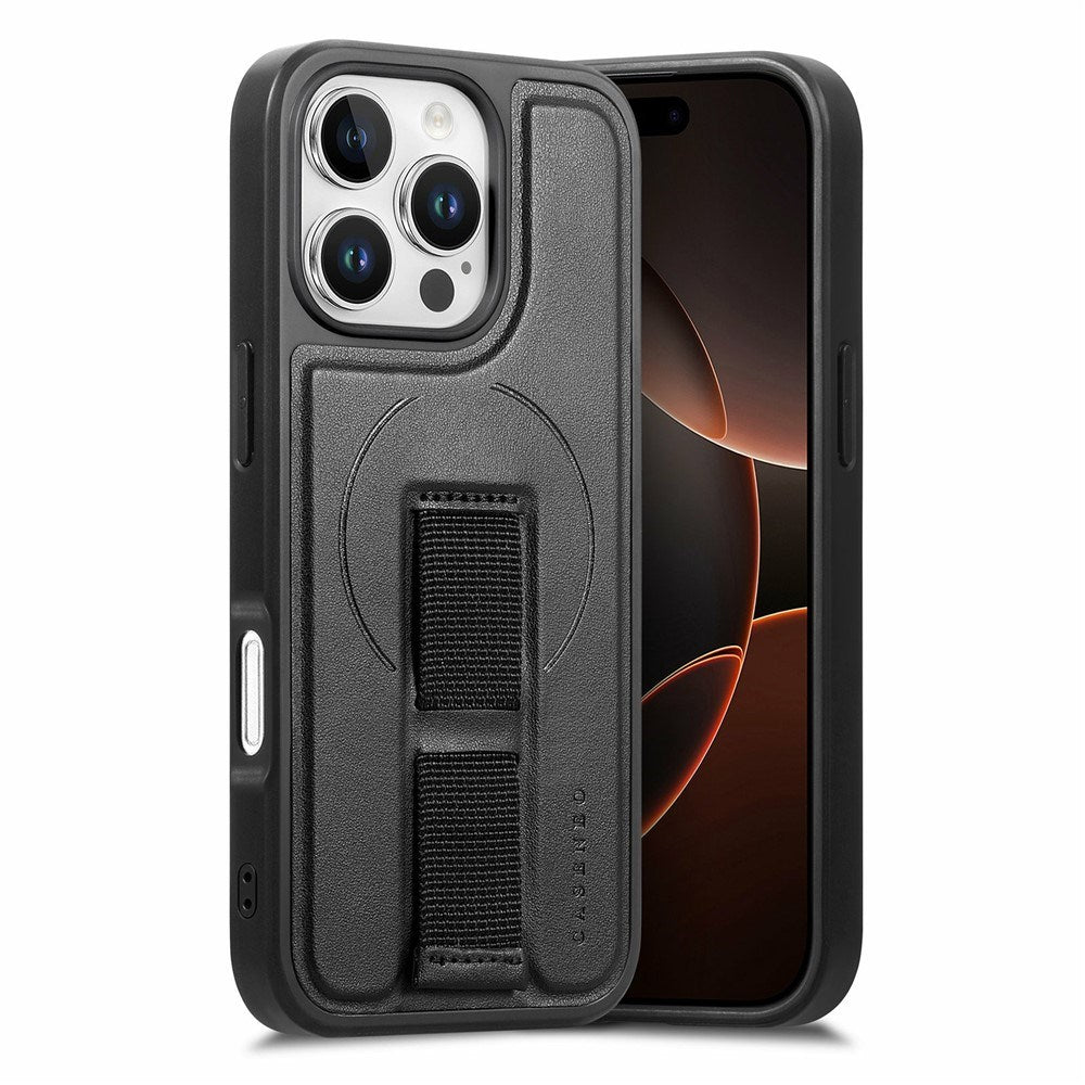 iPhone 16 Pro Hard Plast Deksel m. Kunstskinn Bakside & Fingerrem - MagSafe Kompatibel - Svart