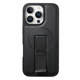 iPhone 16 Pro Hard Plast Deksel m. Kunstskinn Bakside & Fingerrem - MagSafe Kompatibel - Svart