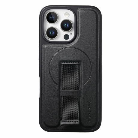 iPhone 16 Pro Hard Plast Deksel m. Kunstskinn Bakside & Fingerrem - MagSafe Kompatibel - Svart